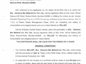 Central Pollution Control Board Certificate For Marketing and Selling of Compostable Carry Bags and Products