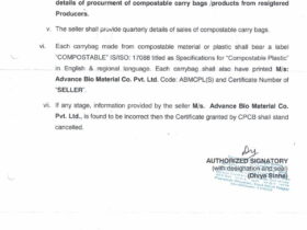 Central Pollution Control Board Certificate For Marketing and Selling of Compostable Carry Bags and Products
